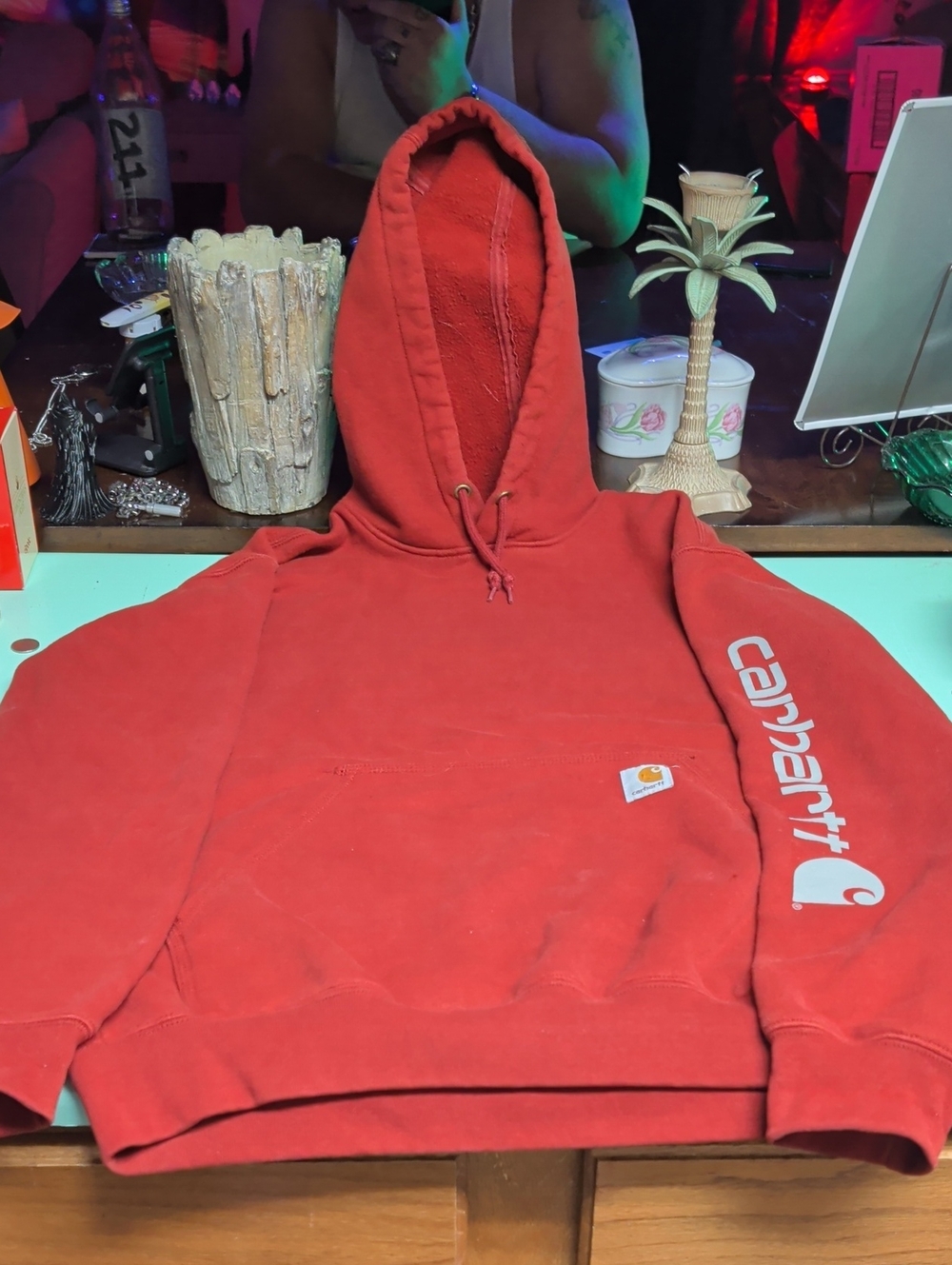 Carhartt Men's Red Hooded Pullover with Sleeve Logo